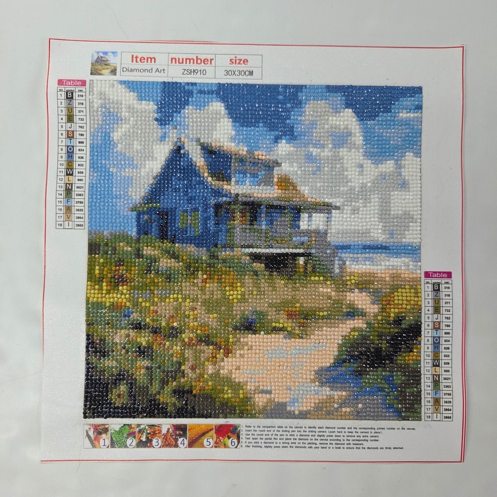 Diamond Art Completed Beach House Painting Unisex 30x30cm Blue Coastal Decor